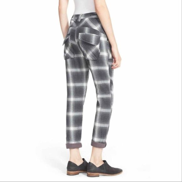 Free People City Slouch Plaid Flannel Utility Pants Grey White 4 - Picture 3 of 15